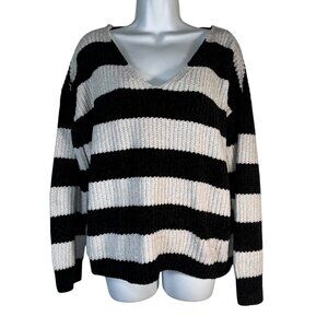 Love by Design Black & White Striped Sweater Chunky Knit O-ring Goth Punk Emo L